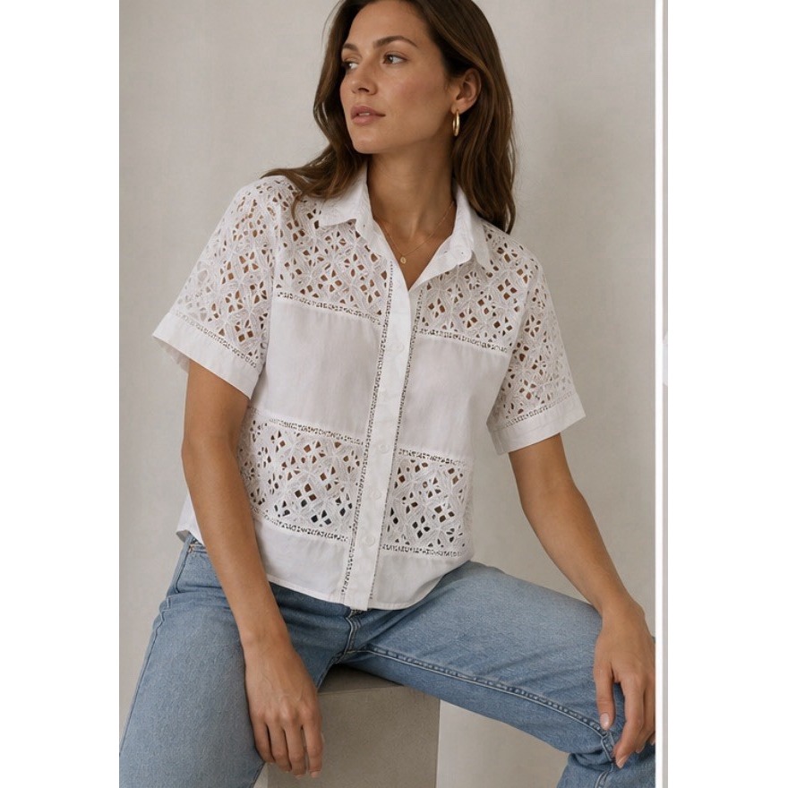 Kenzo Paris Eyelet Lace Button Up Shirt Women's M 38 White Short Sleeve Designer